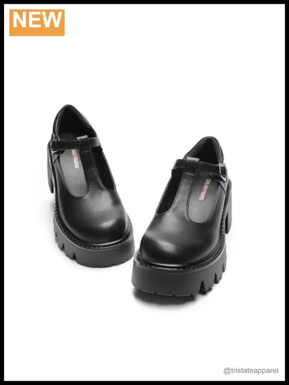 Women's T-Strap Mary Jane Pumps, Faux Leather Platform Chunky Heels with Lug